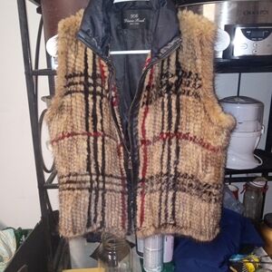 Vince Camuto Tan Plaid Faux Fur Quilted Vest